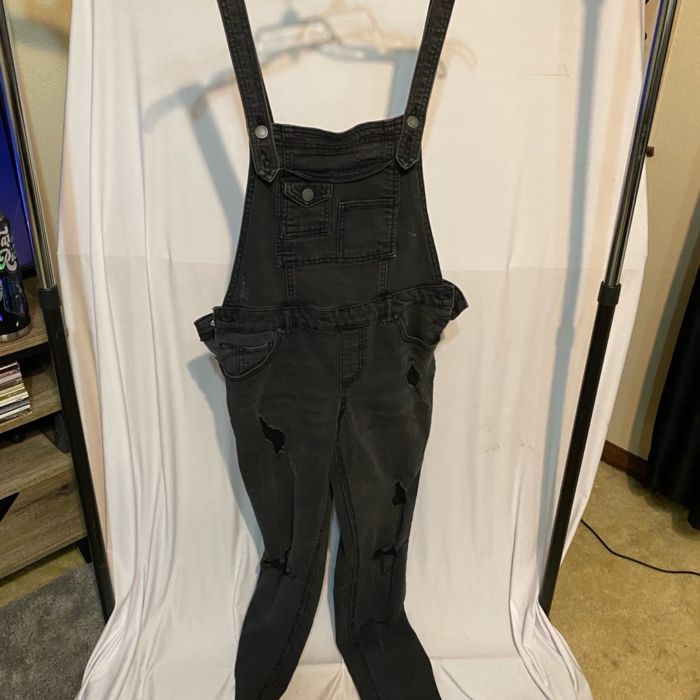 long denim distressed overall jeans